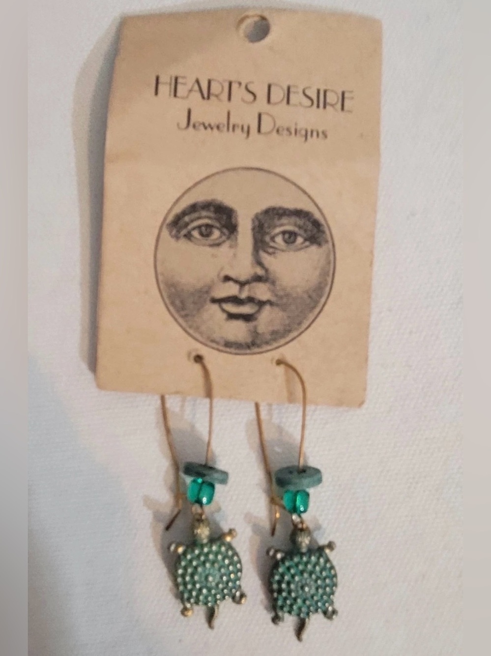 Vintage Heart's Desire Jewelry Designs Turtle Charm Dangle Bead Earrings Boho